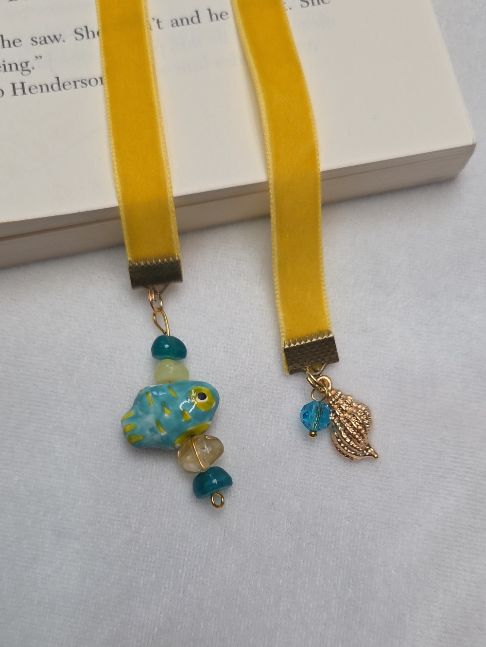 Handmade Yellow Velvet Ribbon Blue Fish Beaded Bookmark Gold Seashell Charm - Picture 3 of 4